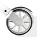 shows the front wheel of the lets fly rollator in white