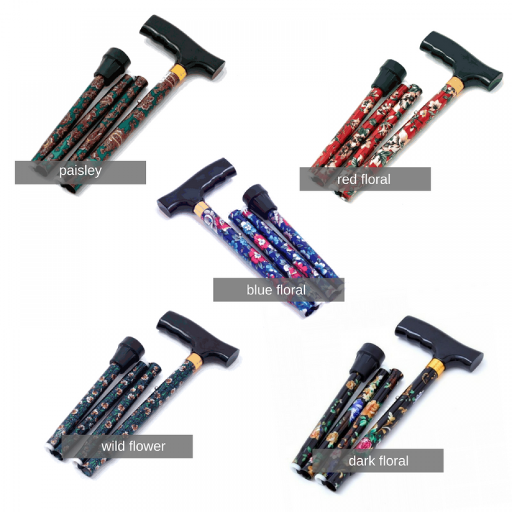 the image shows the five designs of the folding walking stick; paisley, red floral, blue floral, wild flower and dark floral