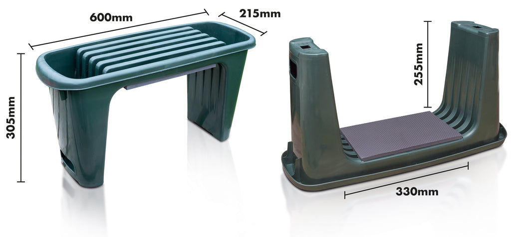 Padded Garden Kneeler - facing upwards: 305mm in height, 600mm in width, 215 side wifth. Upside down, the legs are 255mm in length amd 330mm in width