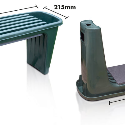 Padded Garden Kneeler - facing upwards: 305mm in height, 600mm in width, 215 side wifth. Upside down, the legs are 255mm in length amd 330mm in width