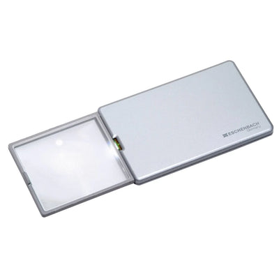 the image shows the eschenbach easy pocket led illuminated 'credit card' pocket magnifier