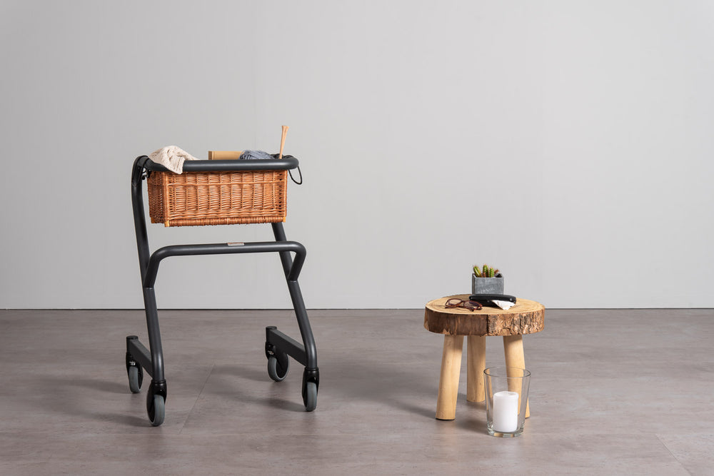 The image shows the wicker basket attached to the SALJOL Page Indoor Rollator 