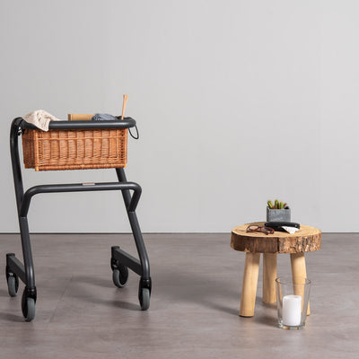 The image shows the wicker basket attached to the SALJOL Page Indoor Rollator