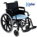 The image shows the blue Kylie Chair Pad in a wheelchair seat