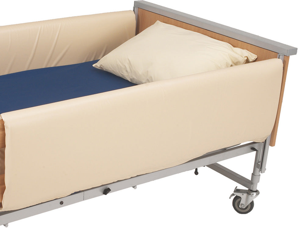 the image shows a pair of cot side bumpers on a wheeled bed