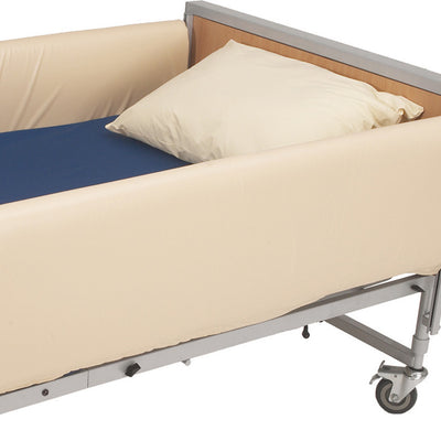 the image shows a pair of cot side bumpers on a wheeled bed