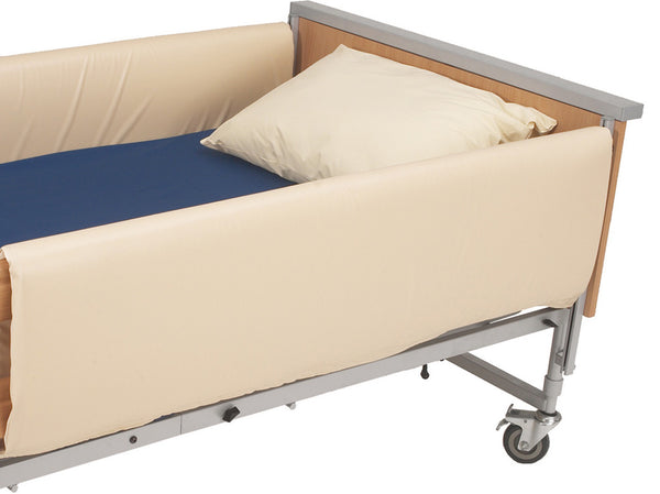 the image shows a pair of cot side bumpers on a wheeled bed