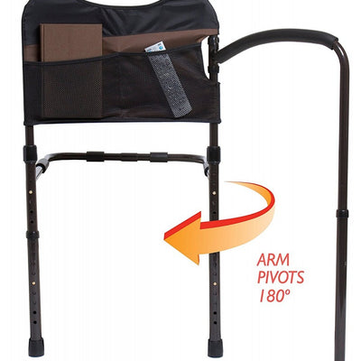 the image shows the mobility bed rail with the pivoting arm that pivots 180 degrees