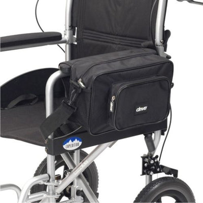 shows the Small Pannier Bag fitted to the outside of a wheelchair arm.