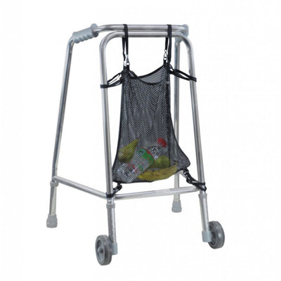 The image shows the net bag for walking frame attached to the front of a zimmer walking frame with shopping items inside