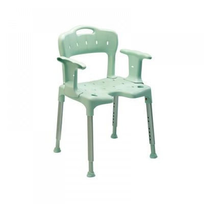 image shows the Swift shower stool with back and arms in a light green colour