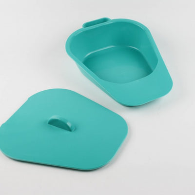 The image shows the green Selina Slipper Bed Pan with lid