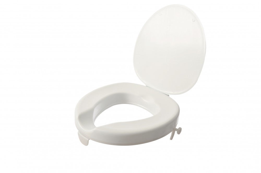 shows the serenity raised toilet seat, with a lid.
