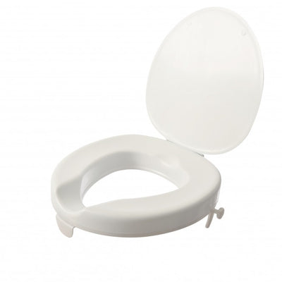 shows the serenity raised toilet seat, with a lid.