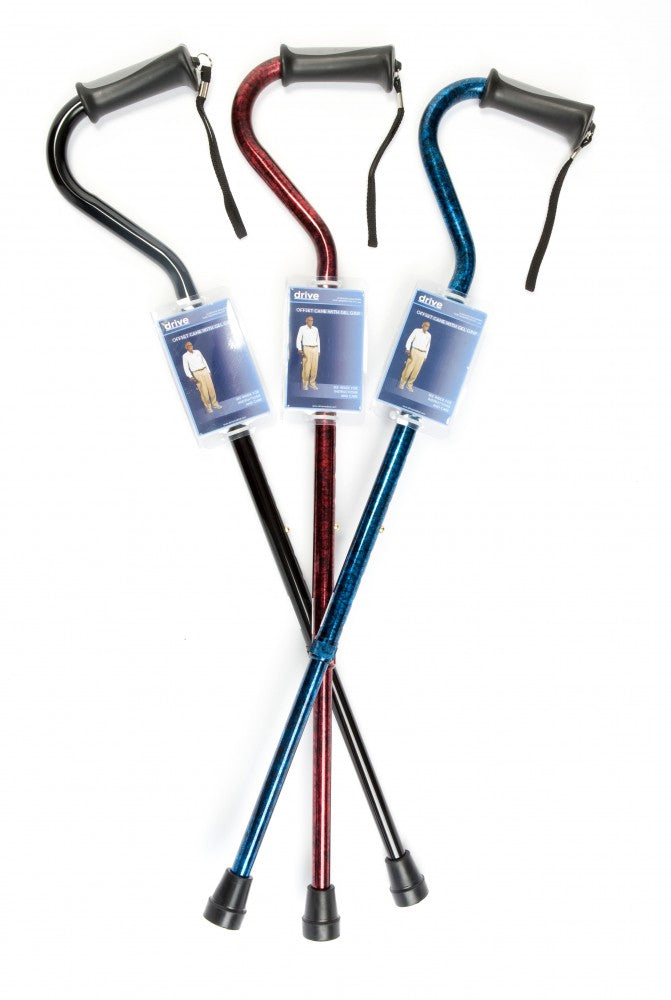 the image shows the three coloured swan necked walking sticks with soft grip handles, black, red, and blue