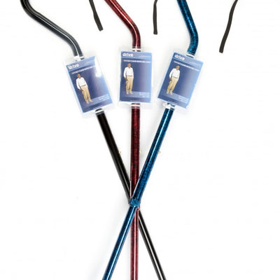 the image shows the three coloured swan necked walking sticks with soft grip handles, black, red, and blue