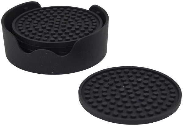 shows the non-slip silicone table coaster stacked in the holder with one out on a table