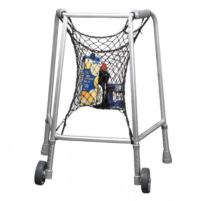 The image shows the Walking Zimmer Frame Net Bag attached to a wheeled walking frame, holding a selection of shopping items