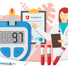 An illustration of some blood testing equipment, pills, vials of blood and a woman wearing a white coat with a stethoscope around her neck
