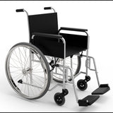 A picture of a black wheelchair on a white background. There isn't anyone sitting in the chair
