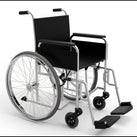 A picture of a black wheelchair on a white background. There isn't anyone sitting in the chair