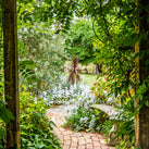 A garden viewed though two wooden struts. A cobbled path winds its way through a garden. Lots of bushes and flowering plans can be seen