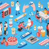 Lots of small illustrations depicting elements of a diabetic's life such as finger pricking, exercise, drink and food