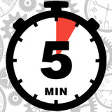 A graphic depiction of a stop watch that has 5 minutes showing on it. In the background are various grey clock faces