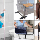 A photographic montage of five of the Able Life products, the (1) Floor to Ceiling Universal Grab Rail, the (2) Swivel Tray Table, the (3) Bedside Sturdy Rail with Legs, the (4) Bedside Extend-A-Rail and the (5) Bedside Safety Handle and Integral Pouch
