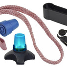 Several walking stick accessories, including ferrules, straps and clips