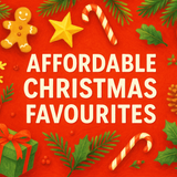 The words – Affordable Christmas Favourites – surrounded by Christmas items like a gingerbread man, candy canes and holly, all on a royal red background