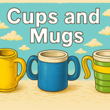 An illustration of three different adaptive mugs on a blue, cloudy sky background with the words – Cues and Mugs