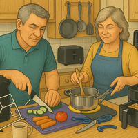 A middle-aged couple preparing dinner in a country-style kitchen using adaptive kitchen aids, including a kettle tipper, a non-slip chopping board, an easy-grip knife, a pan pickle and an air fryer that all available on the Ability Superstore website