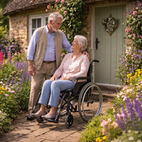 A picture of an elderly couple outside a charming country cottage, with a woman in a wheelchair surrounded by a colourful flower-filled garden, enjoying an idyllic and accessible home setting