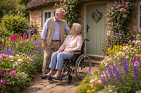 A picture of an elderly couple outside a charming country cottage, with a woman in a wheelchair surrounded by a colourful flower-filled garden, enjoying an idyllic and accessible home setting