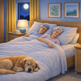 An illustration of an elderly couple sleeping peacefully in a cosy bedroom with bedside lamps, moonlit window and a golden retriever resting at the foot of the bed, illustrating comfort and better sleep at home.