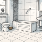 An illustration of a converted bathroom – with grab rails and a side opening bath