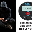 Half of the image shows a man in a dark grey hoodie and tracksuit bottoms - he is looking at his mobile phone; the image looks very menacing. In the other half of the image is a picture of the Call Blocker machine