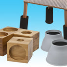 The image shows the Elephant Feet Style Chair Raisers, the 4 inch Bamboo Furniture Raisers and a chair with the Leg-X Adjustable Chair Raisers on