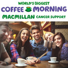 A group of friends enjoying cups of coffee – they are all smiling and looking very happy. Above them is the – Macmillan Coffee Morning – logo