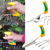 Four Easi-Grip Garden Tools alongside two images of the tools being used