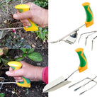 Four Easi-Grip Garden Tools alongside two images of the tools being used