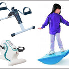 A girl on a Tumble, Balance Board. To the left of this picture is an image of a Pedal Exerciser with Digital Display, as well as a Motorised Electric Mini Exercise Bike