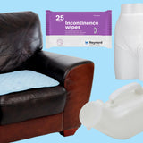 A pale blue background on which is placed a sofa that has a Kylie pad on it. To the right of the sofa are three incontinence products – wipes, underwear and an urinal