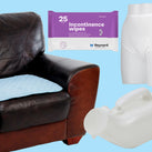 A pale blue background on which is placed a sofa that has a Kylie pad on it. To the right of the sofa are three incontinence products – wipes, underwear and an urinal