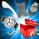 An illustration of a red present that's open with bursts of white stripes coming from the open part. Two watches, a Stick 'n' Stay and a heated cushion from Lifemax can be seen