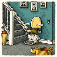 An illustration of a stairlift. The stairlift is at the bottom of a flight of stairs