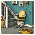 An illustration of a stairlift. The stairlift is at the bottom of a flight of stairs