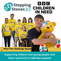 A close-up of Lloyd-Martin holding a Pudsey Bear. The other children taking part in the BBC's Children in Need, Challenge Squad, can also be seen along with the Children in Need logo