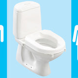 A stick man (to the far left of the image) and woman (to the far right of the image) are on a blue background. In between the two images is a white toilet, that has a raised toilet seat on it